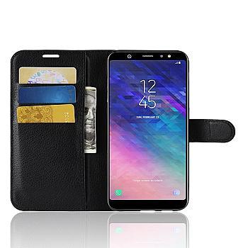 bild på Litchiskinn PU-läder Plånboksfodral Samsung A6+ - Svart