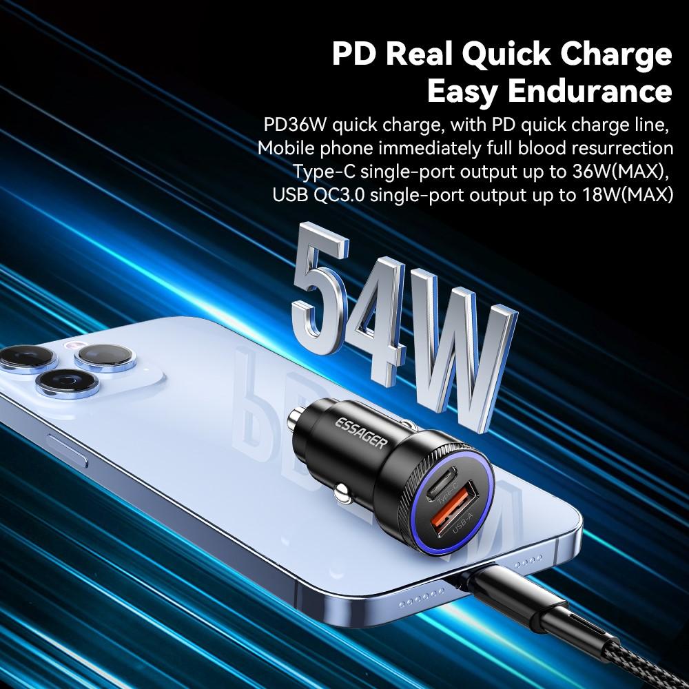 Bild på ESSAGER 54W USB+Type-C Snabbladdare för Bil - Grå
