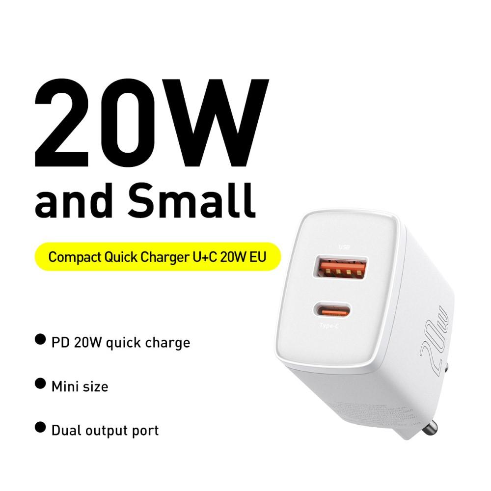 Bild på BASEUS Snabbladdare U+C Dubbla Portar 20W - Vit
