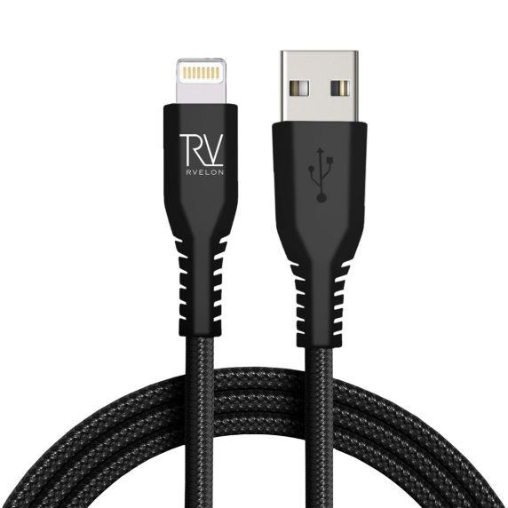 bild på Rvelon MFi Certified USB-A to Lightning Braided Cable 1m for iPhone, iPad and iPod Black