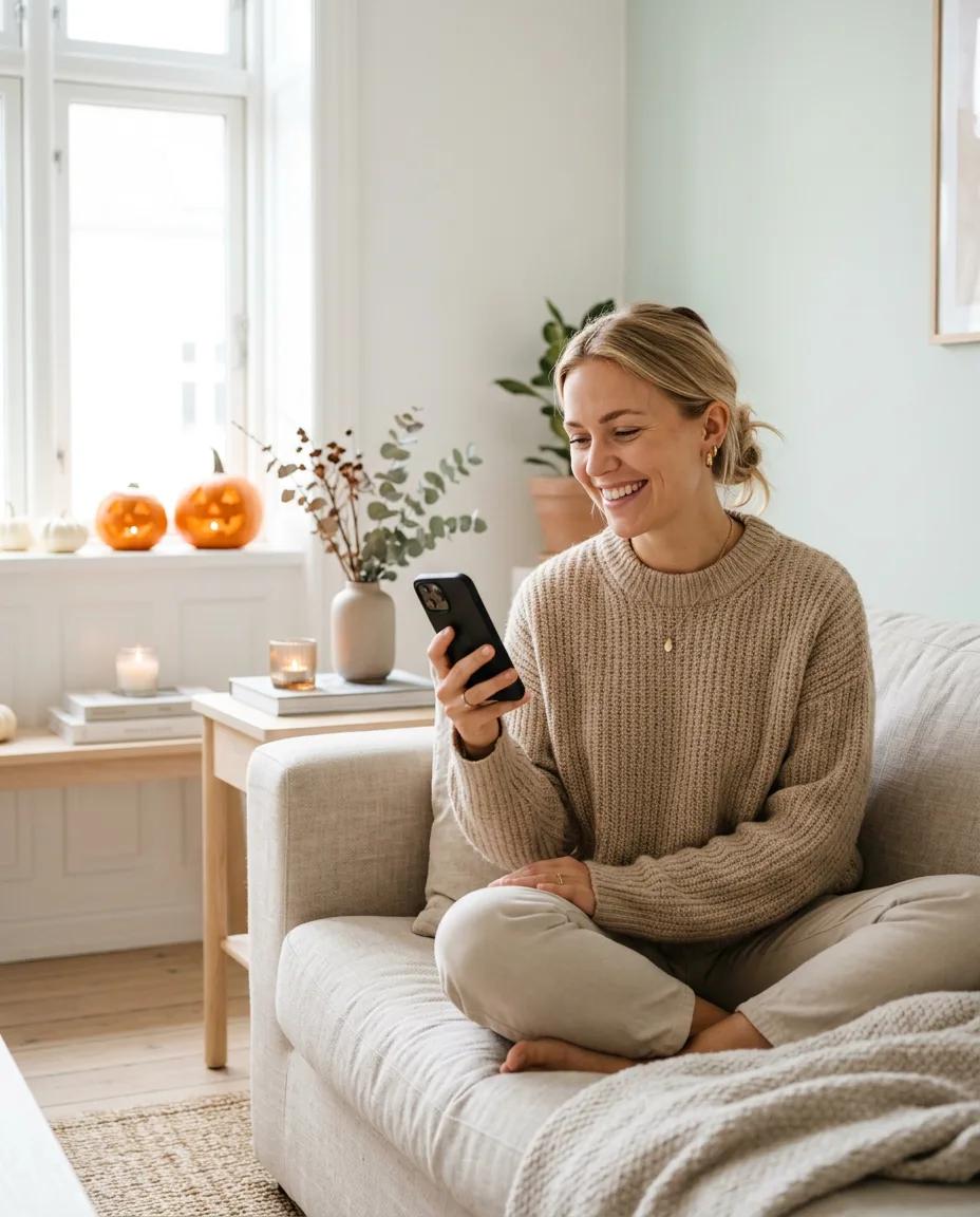 Lachende vrouw met telefoon op de bank